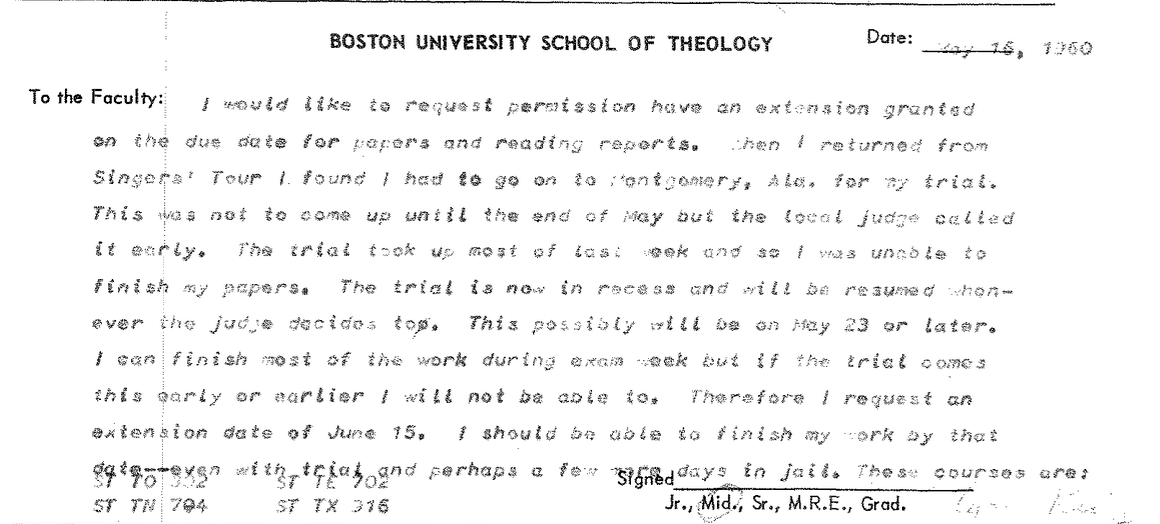 Request for Extension of Deadlines Due to Trial: From Ed King to Boston University School of Theology (Untitled Document)